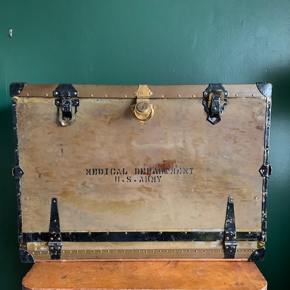 Antique US Army Medical Military Soldier Green Steamer Trunk