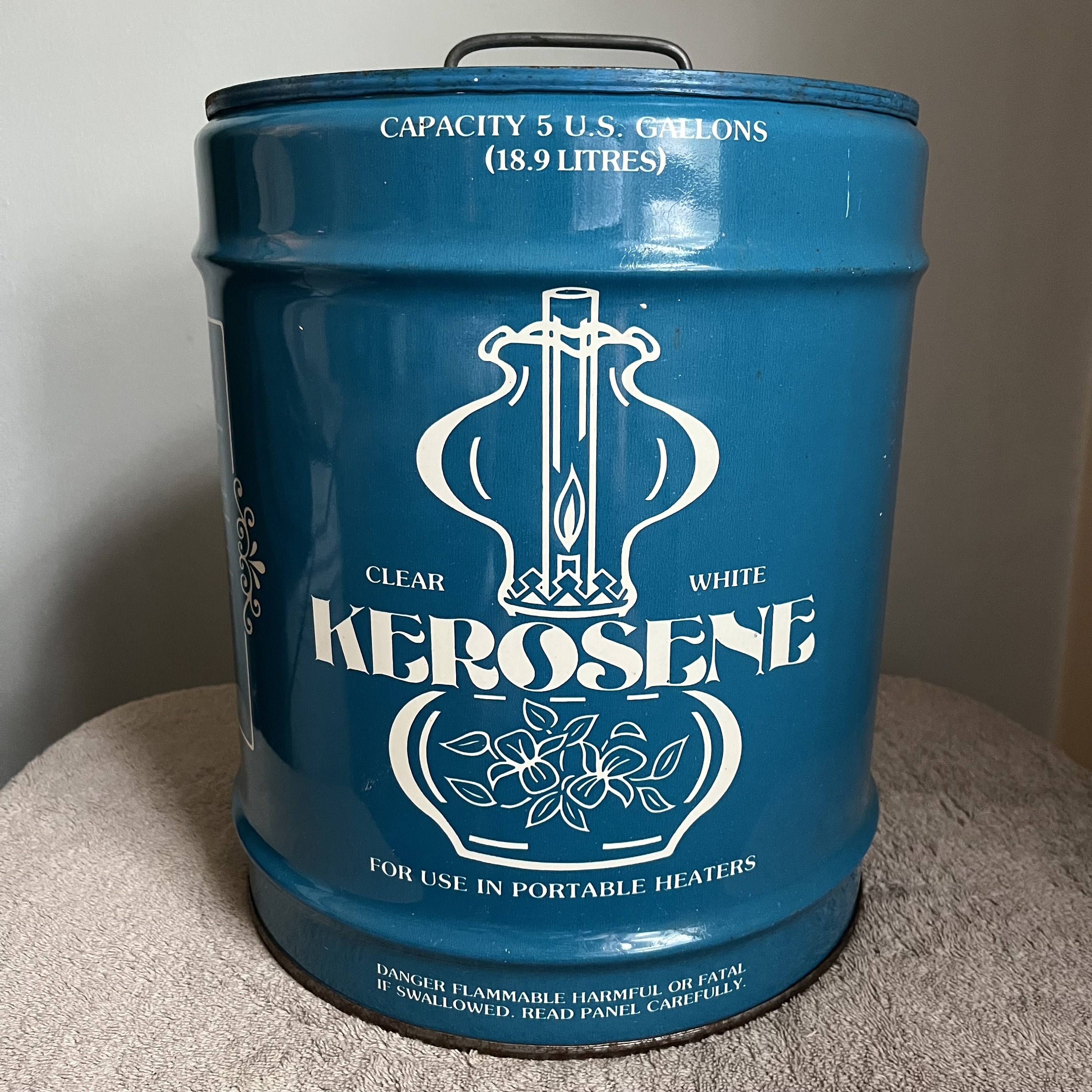 Vintage 5 Gallon Kerosene Can Retro Graphics Teal White Lettering