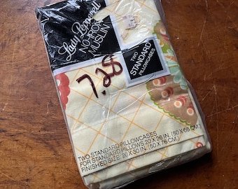 Fundas de almohada vintage NOS Lady Pepperell con estampado floral, sin usar, embalaje original, sin planchar, muselina amarilla, ropa de cama vintage