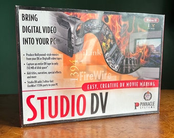 May include: A box for Pinnacle Systems Studio DV software for Windows 98. The box features a red and orange background with a camcorder and a computer monitor. The text "BRING DIGITAL VIDEO INTO YOUR PC" is in large, bold, white letters. The text "EASY, CREATIVE DV MOVIE MAKING" is in smaller, white letters. The text "STUDIO DV" is in large, red letters.
