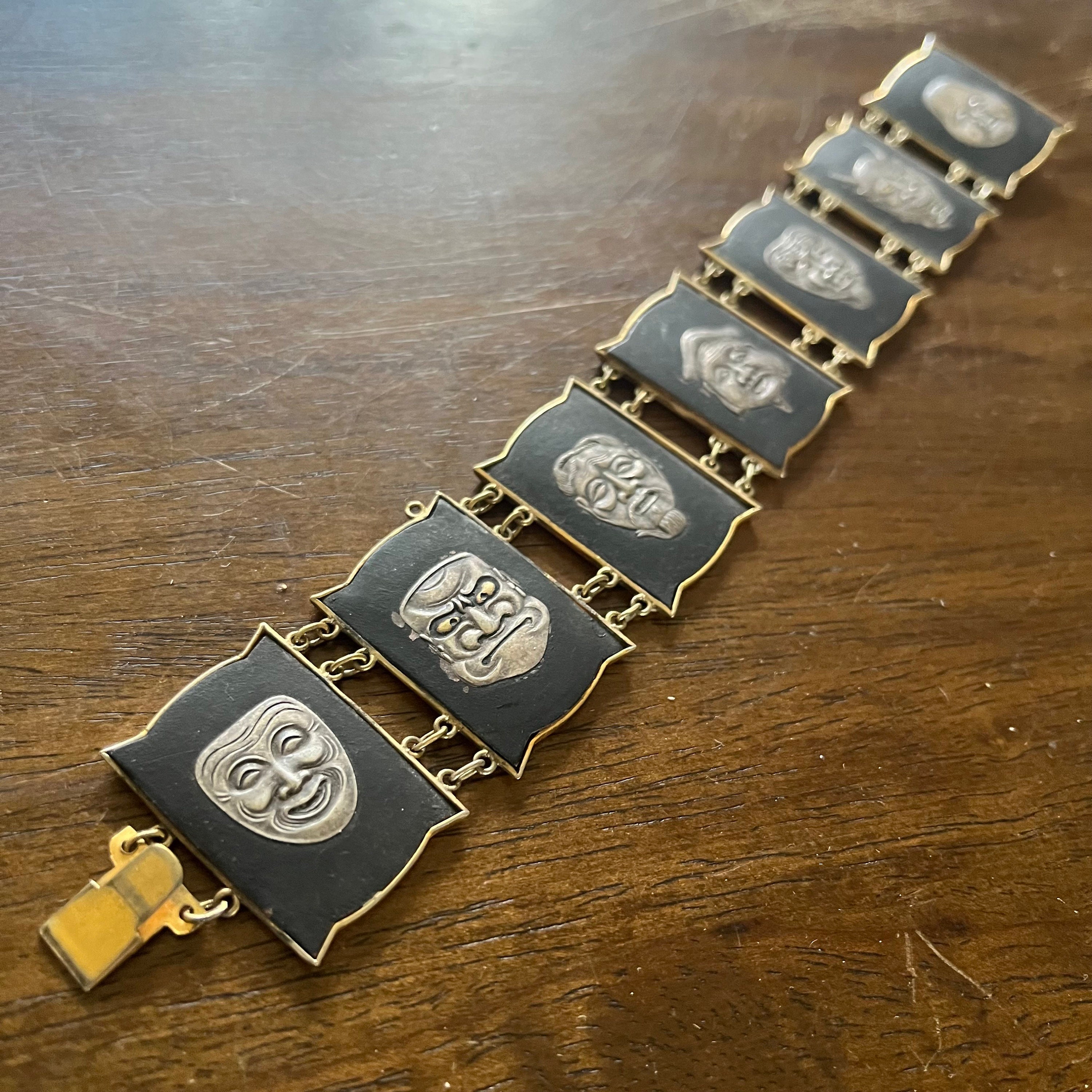 Vintage 1920s Gold Black Damascene Japanese Mask Bracelet