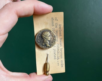 Vintage Pin with Ancient Bronze Coin of Emperor Caracalla. Lapel Pin. Stick Pin. Coin  Collector.