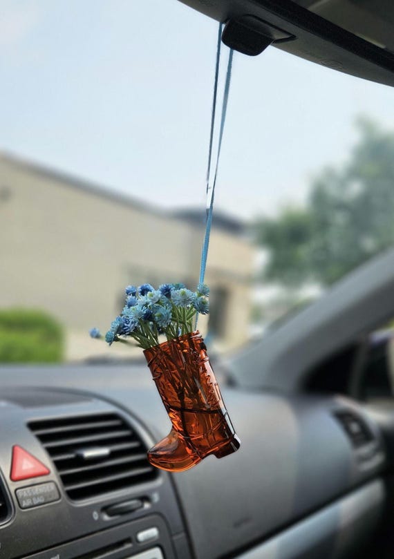 Cowboy Boot Mini Vase with Wildflowers | Western Car Decor Gift Rearview Mirror Charm