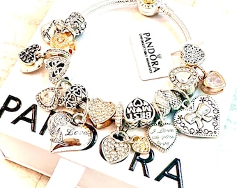 PANDORA Sterling Silver/14K Gold Signature Bracelet with Silver/Gold “Best Mom” Heart Love Dangle Charms!