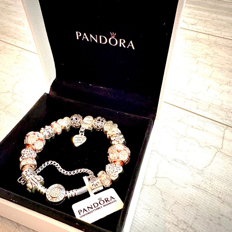 May include: A silver charm bracelet with a variety of charms, including hearts, flowers, and a charm that says "More with Love". The bracelet is in a white box with the word "Pandora" on it.