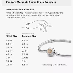 May include: A chart showing recommended Pandora bracelet sizes in inches based on wrist size. The chart includes sizes from 5.1 inches to 7.5 inches. A silver snake chain bracelet with a round charm is shown in the image. The charm has a silver border and a gold center with clear stones.