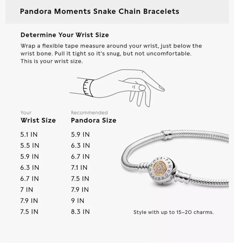 May include: A chart showing recommended Pandora bracelet sizes in inches based on wrist size. The chart includes sizes from 5.1 inches to 7.5 inches. A silver snake chain bracelet with a round charm is shown in the image. The charm has a silver border and a gold center with clear stones.