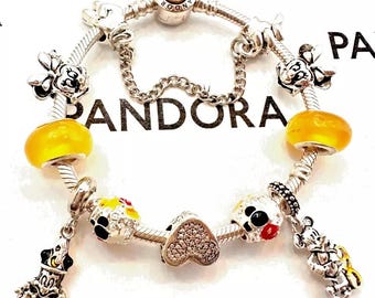 PANDORA Signature Sterling Silver/14K Gold Bracelet With Disney Mickey Mouse Celebration Charms!