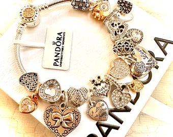 Pandora Sterling Silver/14K Gold Signature Bracelet with Silver & Gold "Love" Heart Dangle Charms!