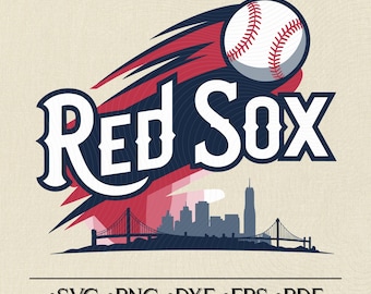 May include: A graphic design with the words "Red Sox" in white, a baseball, and red and blue streaks. A cityscape and the text "SVG • PNG • DXF • EPS • PDF" are at the bottom.