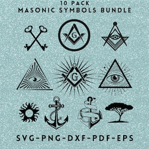Puede incluir: Una colección de diez símbolos masónicos negros sobre un fondo azul claro. Los símbolos incluyen llaves, compás y escuadra, el ojo que todo lo ve, anclas y un árbol. El texto en la parte superior dice "10 PACK MASONIC SYMBOLS BUNDLE". El texto inferior dice "SVG-PNG-DXF-PDF-EPS".
