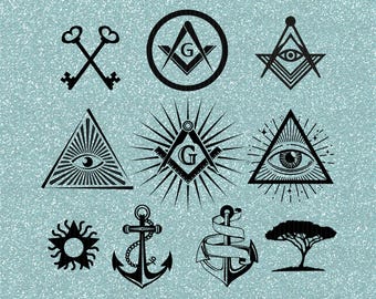 May include: Ten black Masonic symbols are displayed against a light blue backdrop. The symbols include keys, a compass and square, the all-seeing eye, anchors, and a tree. The text at the top reads "10 PACK MASONIC SYMBOLS BUNDLE". The bottom text reads "SVG-PNG-DXF-PDF-EPS".