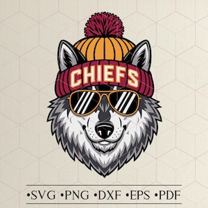 May include: A gray wolf wearing a red and yellow beanie with the word "CHIEFS" on it. The wolf is wearing sunglasses and has a happy expression.