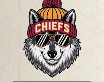 May include: A grey wolf wearing a red and yellow beanie with the word "CHIEFS" on it. The wolf is wearing sunglasses and has a happy expression.