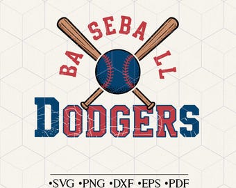 May include: A red, white and blue baseball-themed design with the text "Baseball Dodgers" and two crossed baseball bats. The baseball is blue with white stitching.