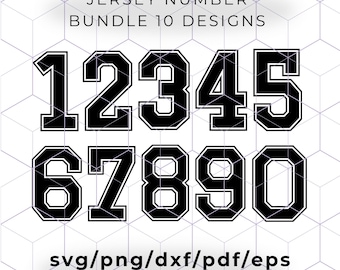May include: A set of ten black and white jersey numbers, 1 through 0, in a bold, blocky font style. The numbers are outlined in white and have a thick black fill. The text "JERSEY NUMBER BUNDLE 10 DESIGNS" is at the top of the image, and the text "svg/png/dxf/pdf/eps" is at the bottom of the image.