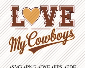 May include: Brown and gold graphic design with the text "LOVE MY COWBOYS" and a heart shape. The design is on a white background with diagonal lines.