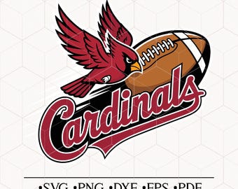 May include: A red cardinal bird graphic flies above a brown football with white stripes. The word "Cardinals" is written in a stylized font with a red outline. Below the logo are the file types: SVG, PNG, DXF, EPS, and PDF.