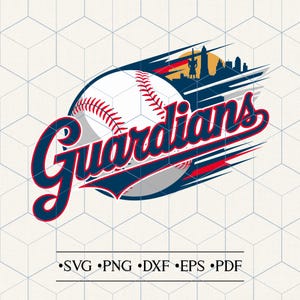 Può includere: Grafica a tema baseball con la parola "Guardians" in una sceneggiatura stilizzata, con una palla da baseball con cuciture rosse. Il design include una silhouette del paesaggio urbano e il testo "SVG • PNG • DXF • EPS • PDF".