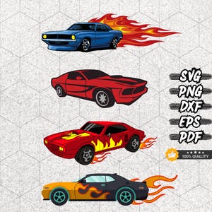May include: Four digital illustrations of muscle cars with flames coming out of the exhaust. The cars are red, blue, black, and orange. The illustrations are in a cartoon style.