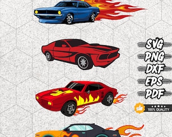 Hot Cars SVG-bundel – Flame Car Clipart voor Cricut, png, dxf, eps, pdf-bestanden voor stickers, stickers, T-shirts, gebruiksvriendelijk