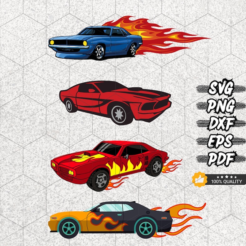 Pu&ograve; includere: Quattro illustrazioni digitali di auto muscolari con fiamme che escono dallo scarico. Le auto sono rosse, blu, nere e arancioni. Le illustrazioni sono in stile cartone animato.