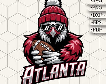 May include: A graphic of a bird wearing sunglasses and a red beanie, holding a football. The word "ATLANTA" is displayed in bold, outlined letters. The image also includes file type options: SVG, PNG, DXF, EPS, and PDF.