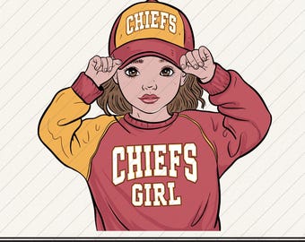 May include: A digital illustration of a person with brown hair wearing a red and yellow baseball cap with the word CHIEFS and a matching red and yellow long-sleeve shirt with the text CHIEFS GIRL printed in white block letters on the front.