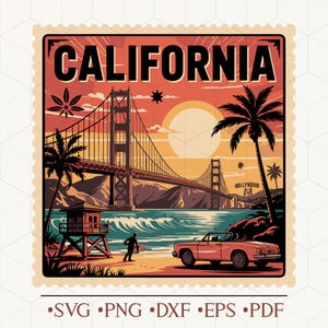 Puede incluir: Una ilustración de estilo vintage del Puente Golden Gate en San Francisco, California. La imagen presenta una puesta de sol sobre el puente, con palmeras y un coche rojo descapotable en primer plano. El texto "CALIFORNIA" se muestra en la parte superior de la imagen, y "HOLLYWOOD" es visible en el puente.