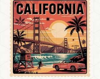 May include: A vintage-style illustration of the Golden Gate Bridge in San Francisco, California. The image features a sunset over the bridge, with palm trees and a red convertible car in the foreground. The text "CALIFORNIA" is displayed at the top of the image, and "HOLLYWOOD" is visible on the bridge.