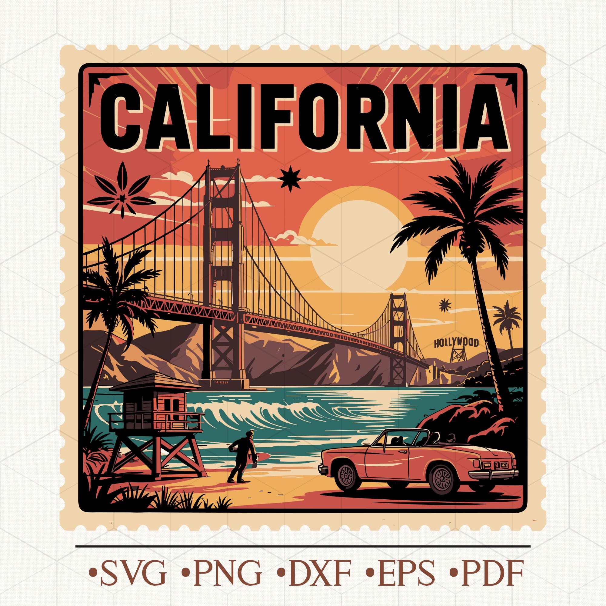 Californië stempel SVG – vintage kustlijn, oldtimer, palmbomen en zonsondergang – digitale download voor T-shirts, mokken, prints