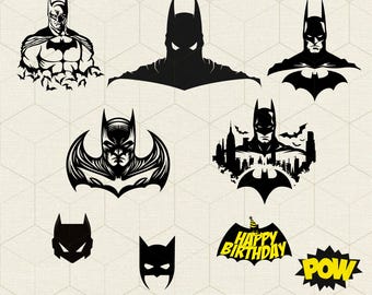 May include: A set of 10 black and white digital cut files featuring Batman silhouettes, including a Batman with a cape, a Batman with a cape and a city skyline, a Batman with a cape and the words "Happy Birthday", and a Batman with a cape and the word "POW".