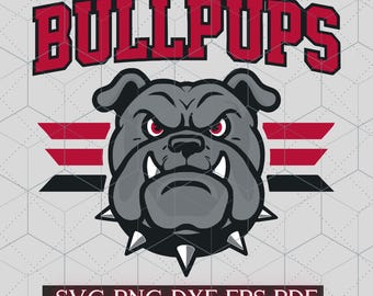 May include: A grey bulldog graphic with red eyes and a spiked collar. The word "BULLPUPS" is in red block letters above the bulldog. Below the bulldog are red and black horizontal stripes. The file formats .SVG.PNG.DXF.EPS.PDF are listed at the bottom.