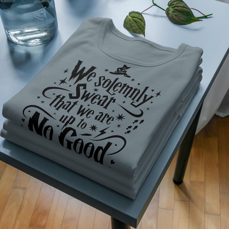 Op de afbeelding: Een grijs T-shirt met een zwarte grafische print met de tekst "We solemnly swear that we are up to no good." De grafiek bevat ook een tovenaarshoed, sterren en voetafdrukken.