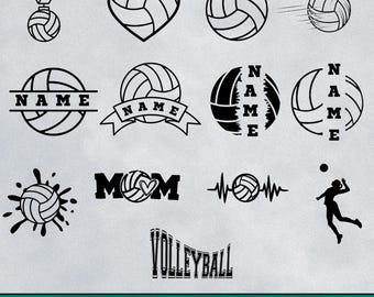 May include: A selection of black and white volleyball-themed graphics. Designs include volleyballs, a heart-shaped volleyball, a volleyball with a medal, and volleyballs with the word "NAME". The word "VOLLEYBALL" is also displayed.