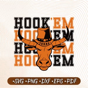 Texas Longhorn Hook&#39;em svg Cut Files, Texas Football Fans svg, Team Mascot, Game Day Shirt png, Sublimation/Cricut, Vector Clipart
