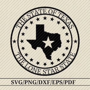 Könnte beinhalten: Ein schwarzes kreisförmiges Emblem mit der Silhouette des Bundesstaates Texas und einem zentralen Stern. Der Text THE STATE OF TEXAS und THE LONE STAR STATE umgibt die Karte, eingerahmt von einem Ring aus kleinen Sternen. Unten steht SVG/PNG/DXF/EPS/PDF.