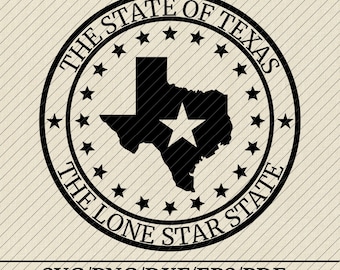 May include: A black circular emblem featuring the silhouette of the state of Texas with a central star. The text THE STATE OF TEXAS and THE LONE STAR STATE surrounds the map, enclosed by a ring of small stars. The bottom text reads SVG/PNG/DXF/EPS/PDF.