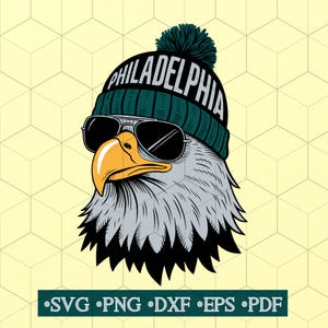 Peut inclure: Illustration de dessin anim&eacute; d'un aigle chauve portant un bonnet vert et noir avec le mot "PHILADELPHIA" dessus. L'aigle porte &eacute;galement des lunettes de soleil.