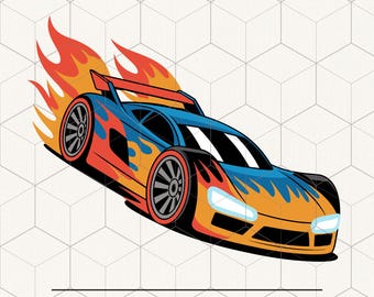 May include: A cartoon-style image of a racing car with flames. The car is predominantly orange and blue, with orange and red flames. The wheels are black with red detailing. The image includes the text: SVG, PNG, DXF, EPS, PDF.