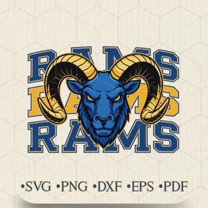 Puede incluir: Un gráfico azul y dorado con la cabeza de un carnero con grandes cuernos curvos. La palabra "RAMS" se muestra en un diseño apilado encima y debajo de la cabeza del carnero. Debajo, las abreviaturas de los tipos de archivo: SVG, PNG, DXF, EPS y PDF.