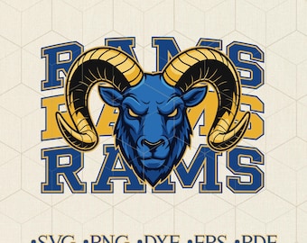 May include: A blue and gold graphic featuring a ram's head with large curved horns. The word "RAMS" is displayed in a stacked design above and below the ram's head. Below the graphic are the file type abbreviations: SVG, PNG, DXF, EPS, and PDF.