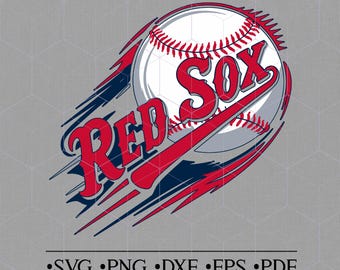 May include: A baseball graphic with a white baseball, red stitching, and the words "Red Sox" in red. The baseball has red and blue motion streaks. The bottom of the image includes the text "SVG • PNG • DXF • EPS • PDF".