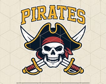 May include: A pirate-themed graphic with a skull wearing a tricorn hat and red bandana, crossed swords, and the word "PIRATES" in gold. Includes file formats: SVG, PNG, DXF, EPS, and PDF.