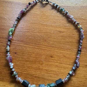 Watermelon Tourmaline smooth and rough beads, labradorite, and Black Tourmaline beads in a 40cm necklace.
