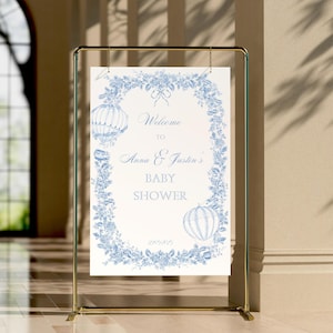 Elegante letrero de bienvenida para baby shower con flores azules y rosas: decoración personalizable e imprimible. Letrero de bienvenida con temática de globos aerostáticos. Tema de moño