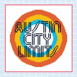 May include: A circular graphic featuring the text "AUSTIN CITY LIMITS" in black, surrounded by concentric rings in orange, yellow, and blue. The design is enclosed within a red border.