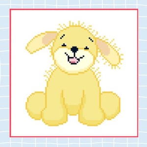 May include: A pixelated illustration of a smiling, light yellow dog with floppy ears and a pink tongue. The dog is sitting, and the image is framed with a red border on a white background.