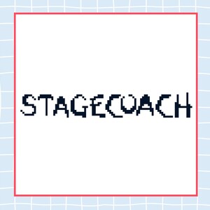 May include: The word "STAGECOACH" in a pixelated font is centered on a white background, framed by a red border. The background is a light blue with a grid pattern. The text is in dark blue.