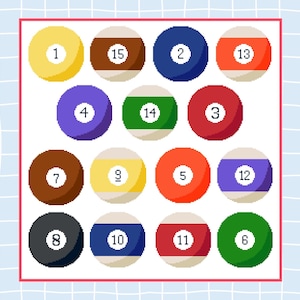 Puede incluir: Un juego de 15 bolas de billar, numeradas del 1 al 15, dispuestas en una cuadrícula. Las bolas son de varios colores, incluyendo rojo, amarillo, azul, verde, marrón y morado.